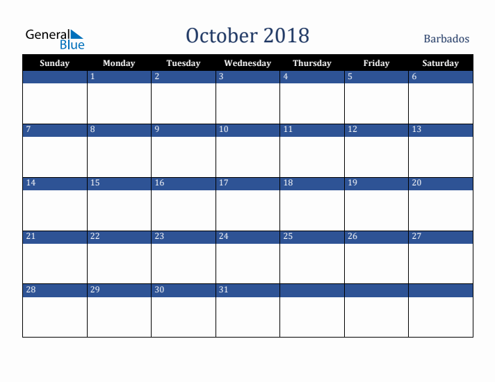 October 2018 Barbados Calendar (Sunday Start)