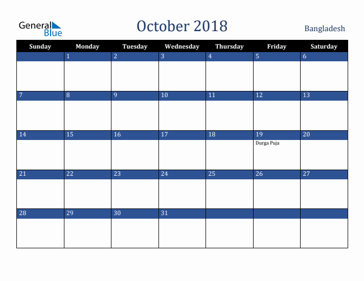 October 2018 Bangladesh Calendar (Sunday Start)