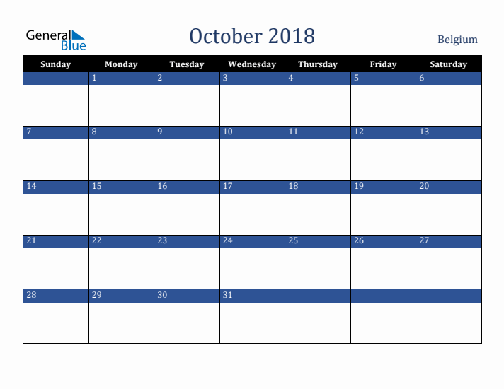 October 2018 Belgium Calendar (Sunday Start)