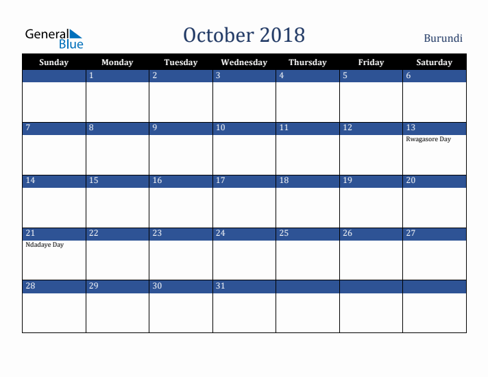 October 2018 Burundi Calendar (Sunday Start)