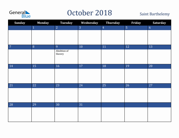 October 2018 Saint Barthelemy Calendar (Sunday Start)
