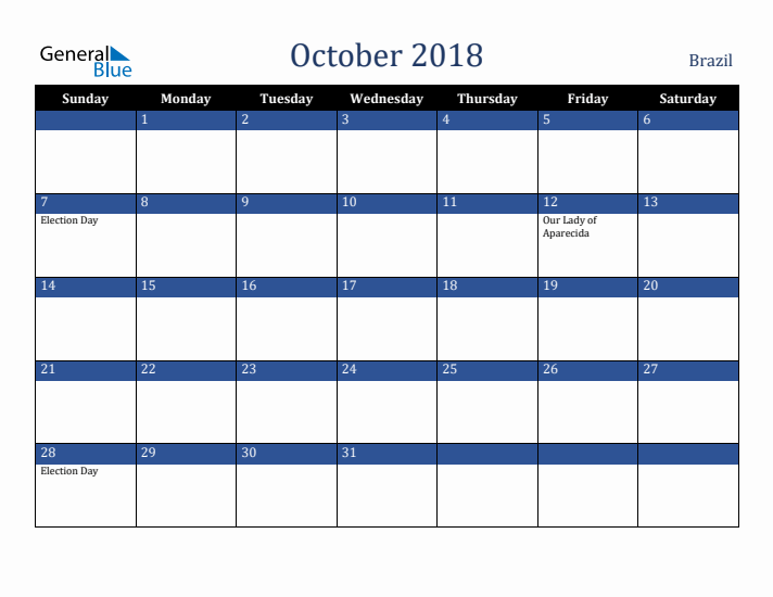 October 2018 Brazil Calendar (Sunday Start)