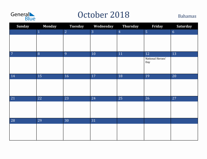 October 2018 Bahamas Calendar (Sunday Start)