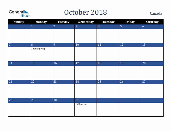 October 2018 Canada Calendar (Sunday Start)
