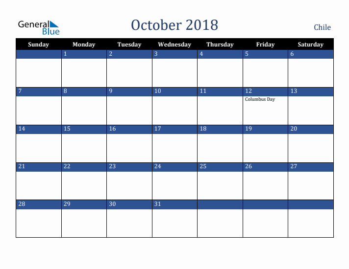 October 2018 Chile Calendar (Sunday Start)
