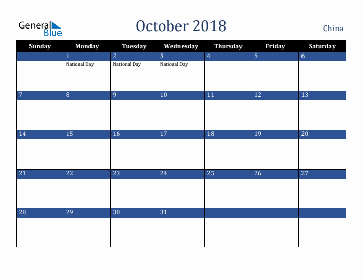 October 2018 China Calendar (Sunday Start)
