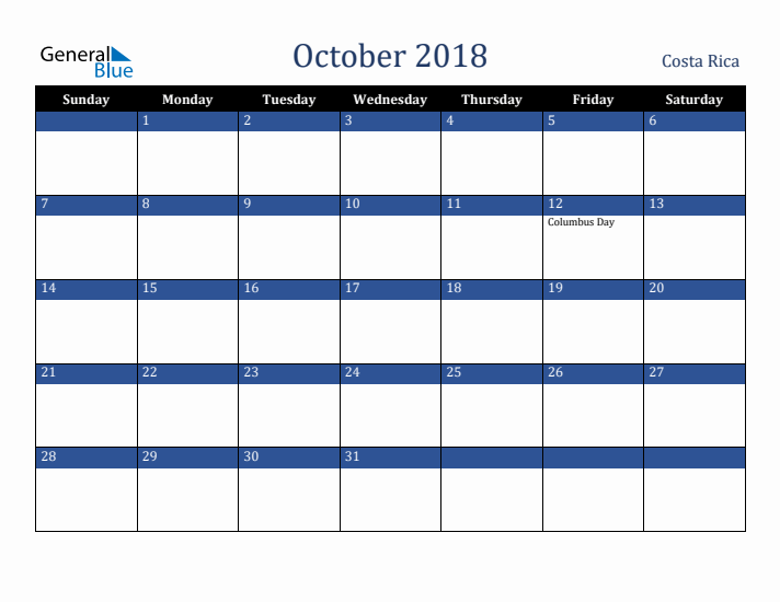October 2018 Costa Rica Calendar (Sunday Start)