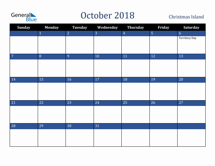 October 2018 Christmas Island Calendar (Sunday Start)