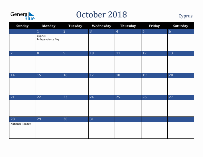 October 2018 Cyprus Calendar (Sunday Start)