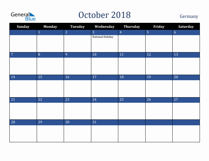 October 2018 Germany Calendar (Sunday Start)