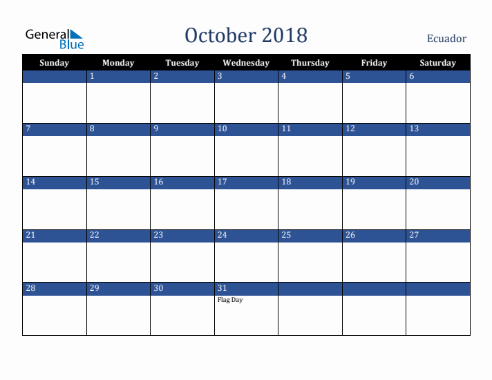 October 2018 Ecuador Calendar (Sunday Start)