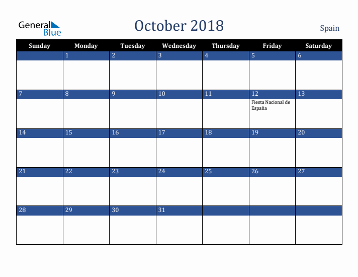 October 2018 Spain Calendar (Sunday Start)