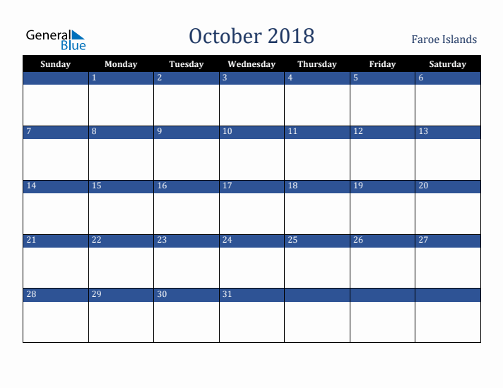 October 2018 Faroe Islands Calendar (Sunday Start)