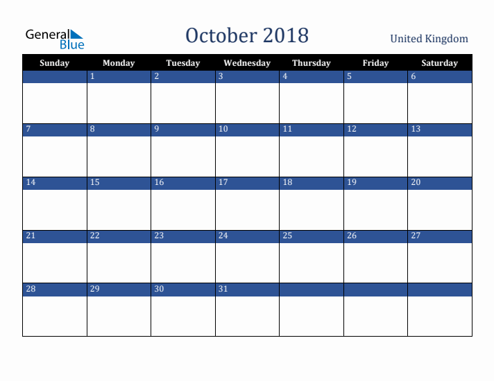 October 2018 United Kingdom Calendar (Sunday Start)