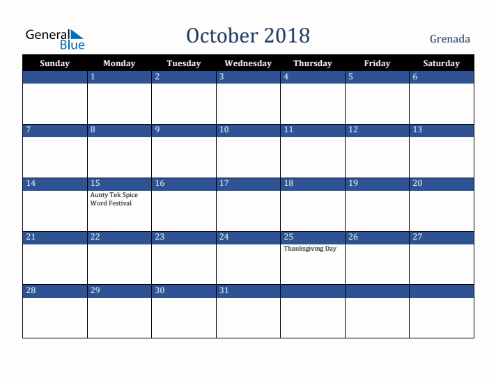 October 2018 Grenada Calendar (Sunday Start)