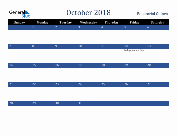 October 2018 Equatorial Guinea Calendar (Sunday Start)