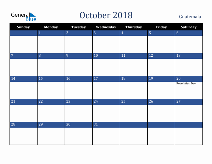 October 2018 Guatemala Calendar (Sunday Start)