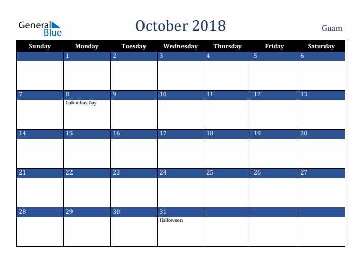 October 2018 Guam Calendar (Sunday Start)