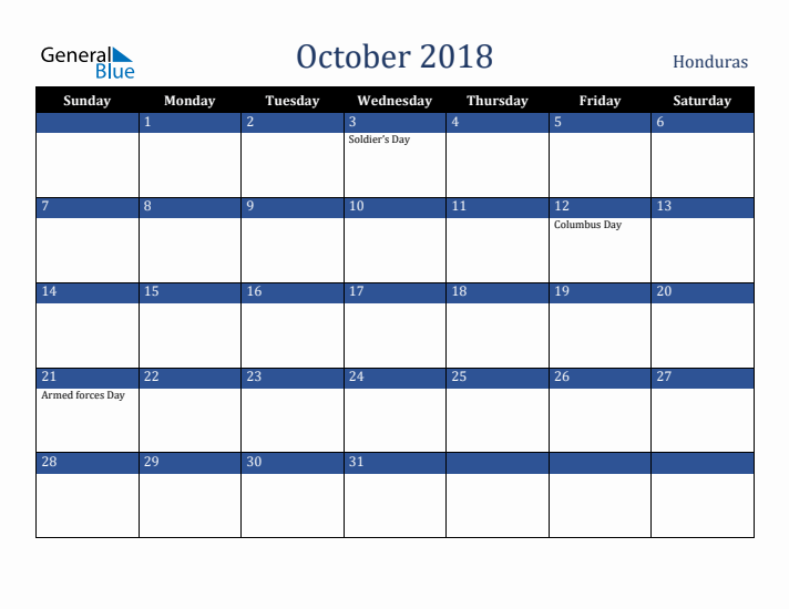 October 2018 Honduras Calendar (Sunday Start)