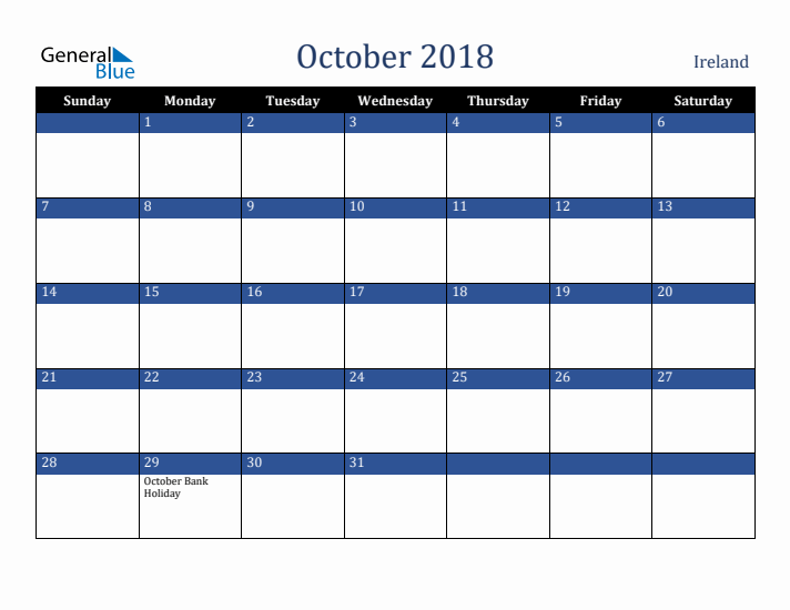 October 2018 Ireland Calendar (Sunday Start)