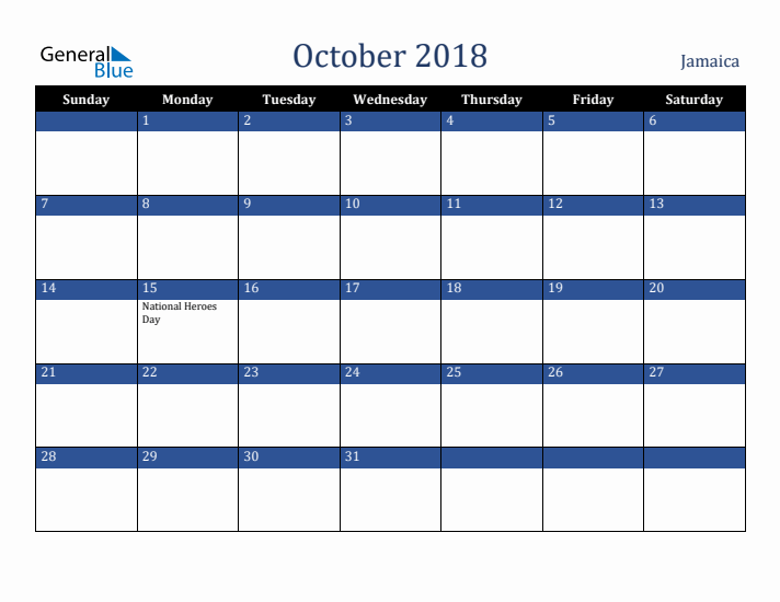 October 2018 Jamaica Calendar (Sunday Start)