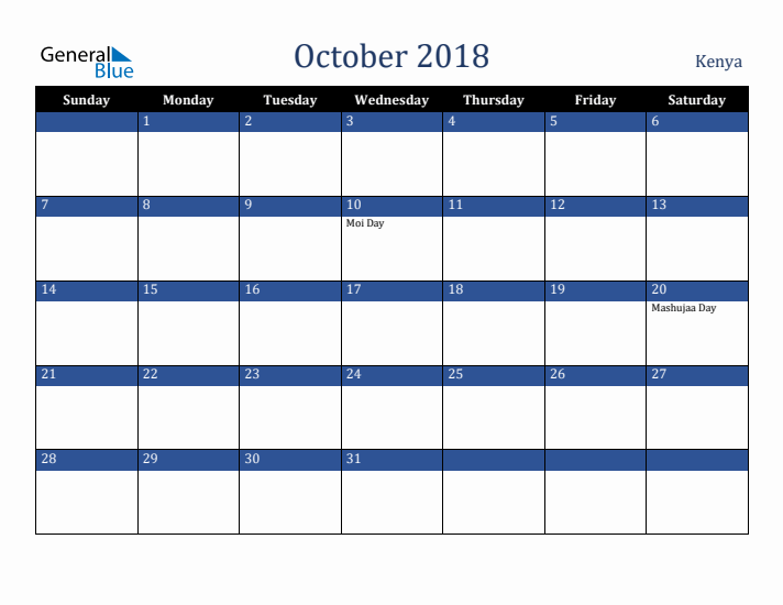 October 2018 Kenya Calendar (Sunday Start)