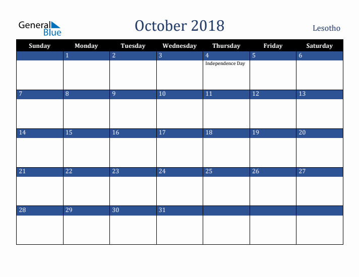 October 2018 Lesotho Calendar (Sunday Start)