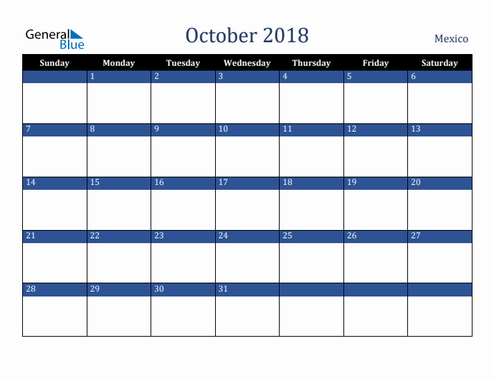 October 2018 Mexico Calendar (Sunday Start)