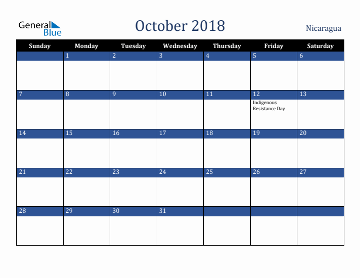 October 2018 Nicaragua Calendar (Sunday Start)