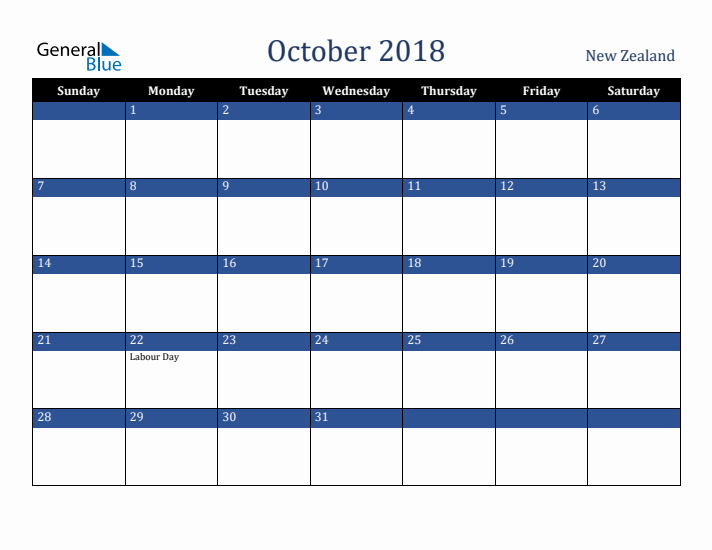 October 2018 New Zealand Calendar (Sunday Start)