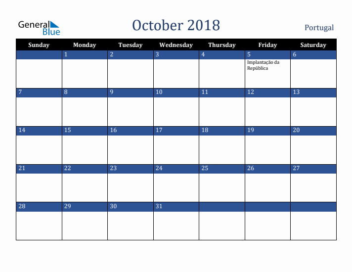 October 2018 Portugal Calendar (Sunday Start)