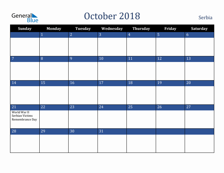 October 2018 Serbia Calendar (Sunday Start)
