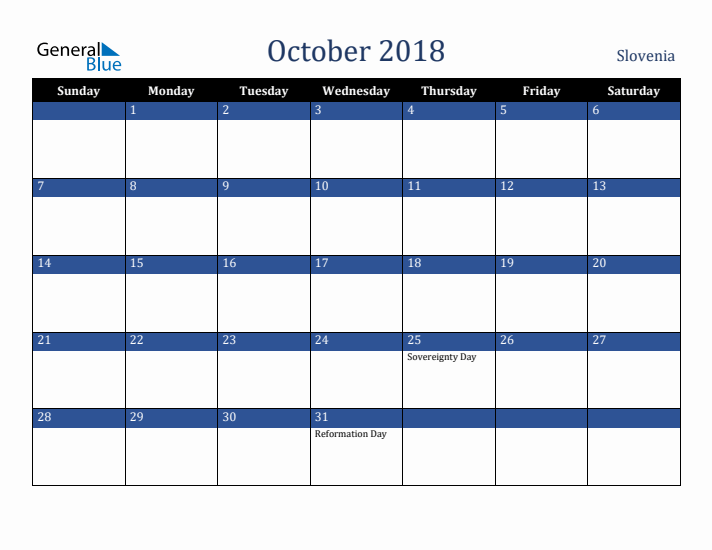 October 2018 Slovenia Calendar (Sunday Start)