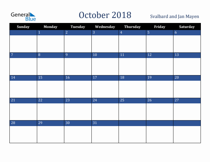 October 2018 Svalbard and Jan Mayen Calendar (Sunday Start)