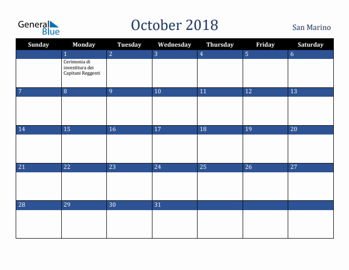 October 2018 San Marino Calendar (Sunday Start)