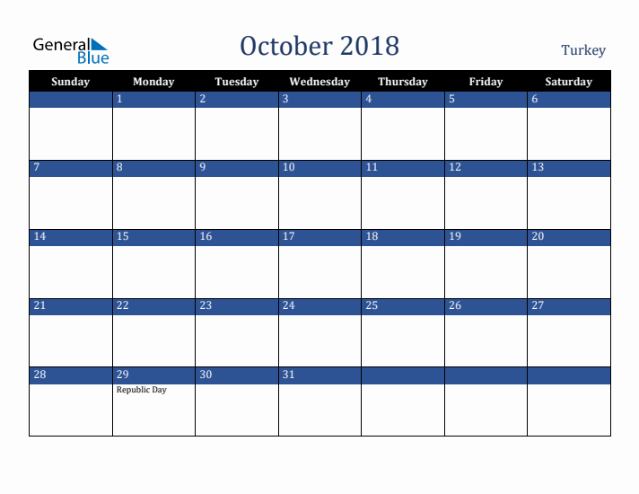 October 2018 Turkey Calendar (Sunday Start)