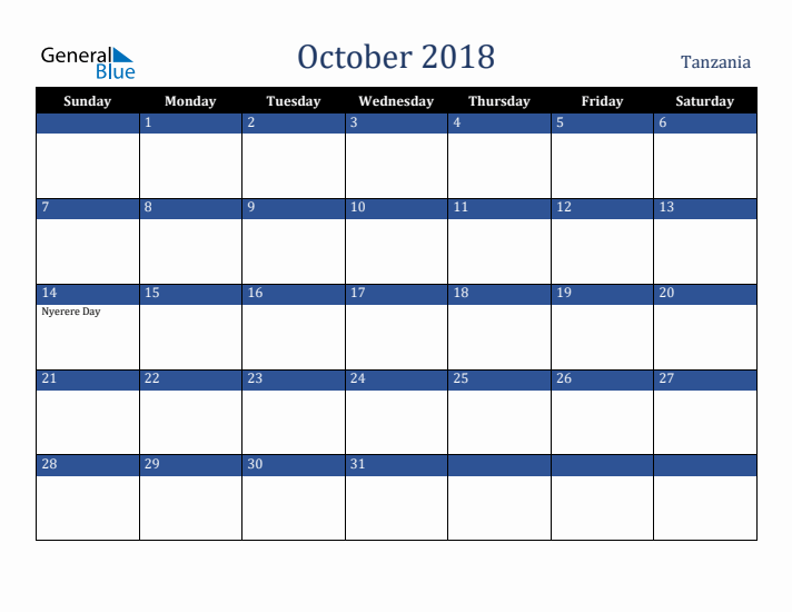 October 2018 Tanzania Calendar (Sunday Start)