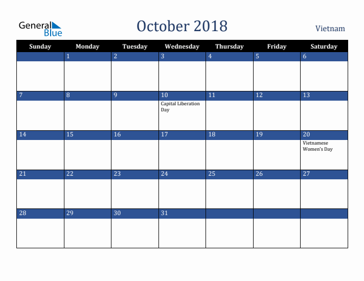 October 2018 Vietnam Calendar (Sunday Start)