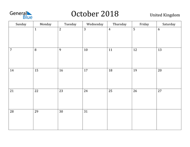 October 2018 Calendar United Kingdom