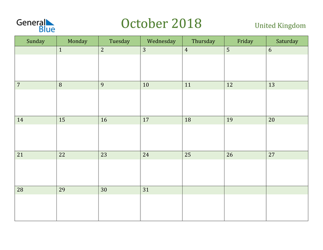 October 2018 Calendar with United Kingdom Holidays