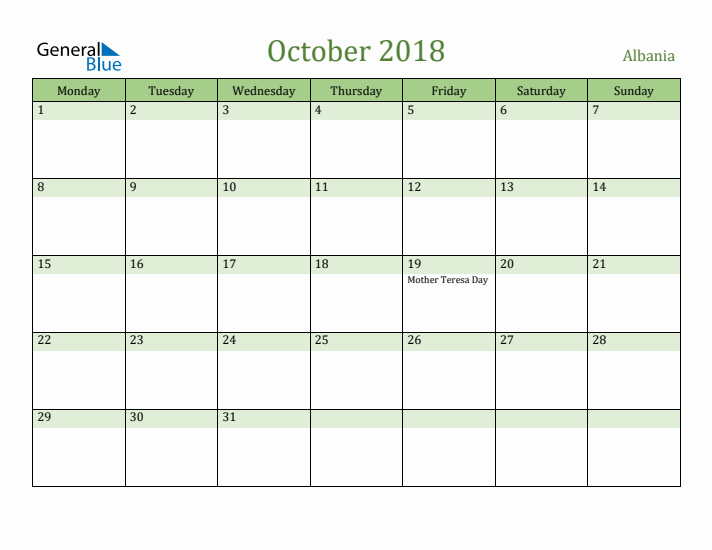 October 2018 Calendar with Albania Holidays