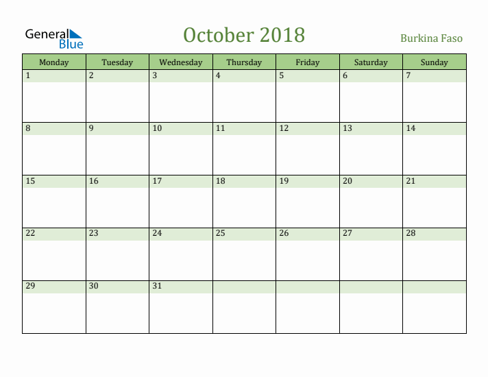 October 2018 Calendar with Burkina Faso Holidays