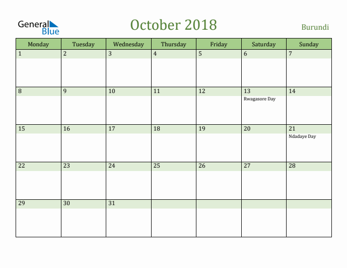 October 2018 Calendar with Burundi Holidays