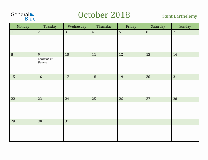October 2018 Calendar with Saint Barthelemy Holidays
