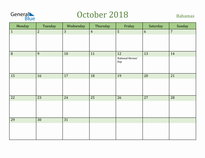 October 2018 Calendar with Bahamas Holidays