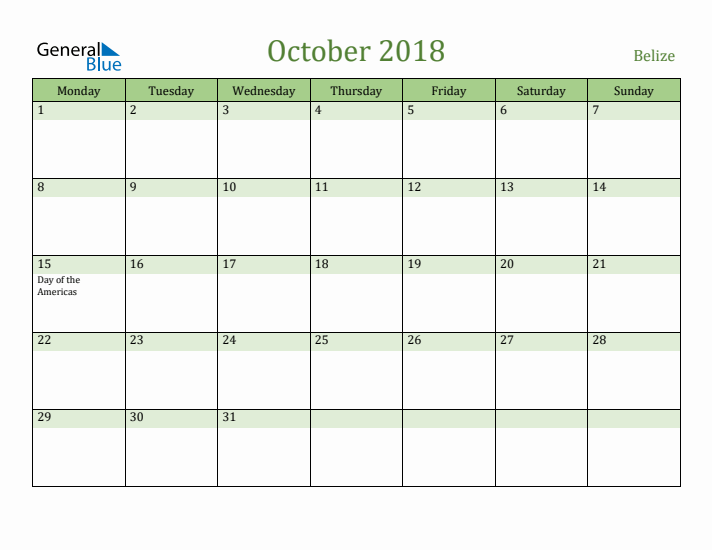 October 2018 Calendar with Belize Holidays
