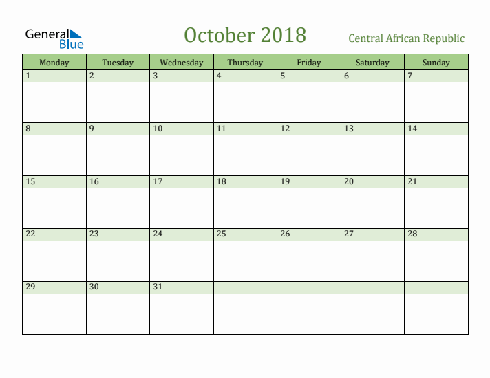 October 2018 Calendar with Central African Republic Holidays