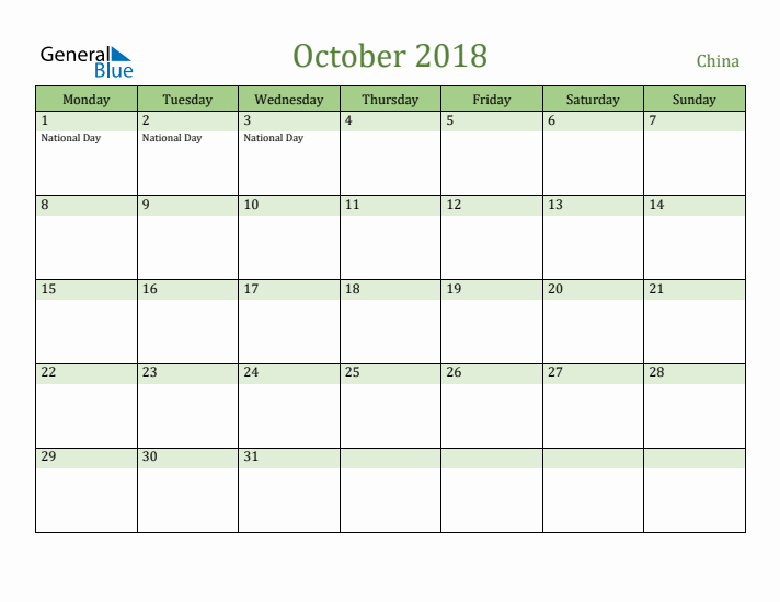 October 2018 Calendar with China Holidays
