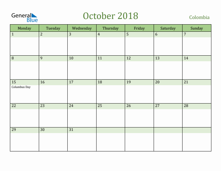 October 2018 Calendar with Colombia Holidays