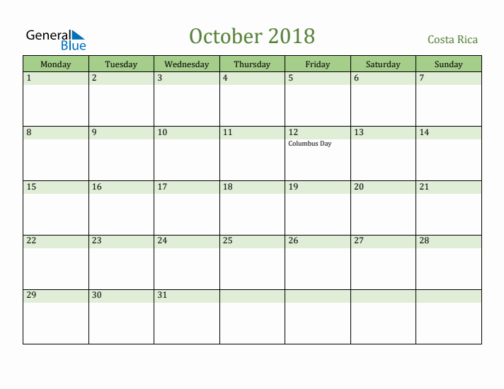 October 2018 Calendar with Costa Rica Holidays